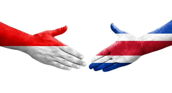 Kézfogás Costa Rica Indonézia Zászlók Festett Kézen Elszigetelt Átlátszó Kép — Stock Fotó