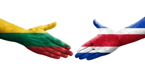 Händedruck Zwischen Costa Rica Und Litauen Fahnen Auf Hände Gemalt — Stockfoto