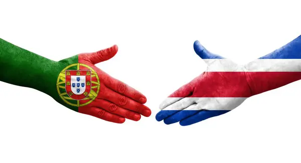Stretta Mano Tra Costa Rica Portogallo Bandiere Dipinte Mani Immagine — Foto Stock