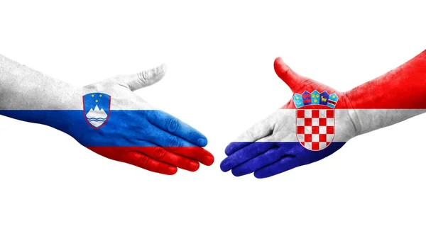 Apretón Manos Entre Croacia Eslovenia Banderas Pintadas Las Manos Imagen —  Fotos de Stock