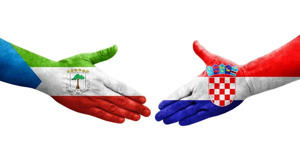 Handslag Mellan Kroatien Och Ekvatorialguinea Flaggor Målade Händer Isolerad Transparent — Stockfoto