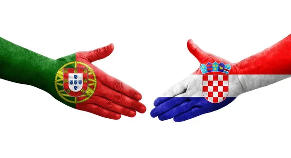 Kézfogás Horvátország Portugália Között Kézre Festett Zászlók Elszigetelt Átlátszó Kép — Stock Fotó