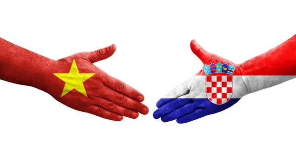 Рукостискання Між Хорватією Єтнамськими Прапорами Намальоване Руках Ізольоване Прозоре Зображення — стокове фото