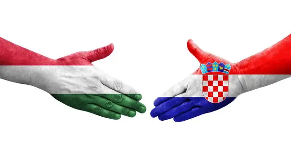 Рукостискання Між Хорватськими Угорськими Прапорами Намальоване Руках Ізольоване Прозоре Зображення — стокове фото