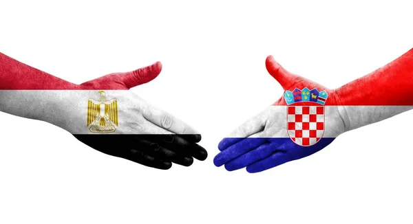 Handslag Mellan Kroatien Och Egypten Flaggor Målade Händer Isolerad Transparent — Stockfoto