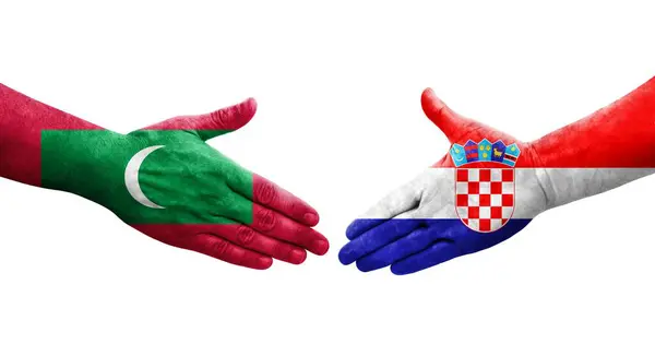 Handshake Entre Croácia Maldivas Bandeiras Pintadas Mãos Imagem Transparente Isolada — Fotografia de Stock