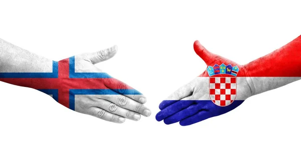 Händedruck Zwischen Kroatien Und Den Färöer Inseln Flaggen Auf Hände — Stockfoto