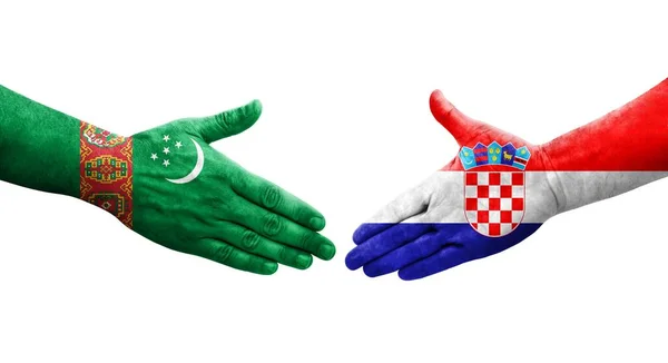 Рукостискання Між Хорватією Туркменістанськими Прапорами Намальоване Руках Ізольоване Прозоре Зображення — стокове фото