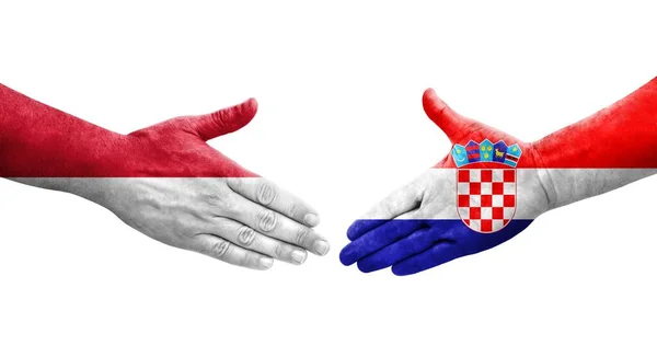 Handslag Mellan Kroatien Och Monaco Flaggor Målade Händer Isolerad Transparent — Stockfoto