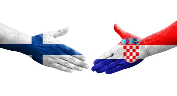 Händedruck Zwischen Den Flaggen Kroatiens Und Finnlands Auf Die Hände — Stockfoto