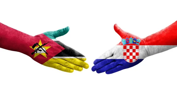 Aperto Mão Entre Croácia Moçambique Bandeiras Pintadas Mãos Imagem Transparente — Fotografia de Stock