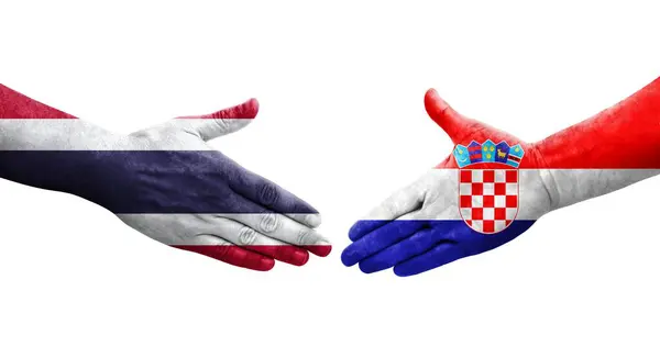 Apretón Manos Entre Croacia Tailandia Banderas Pintadas Las Manos Imagen — Foto de Stock