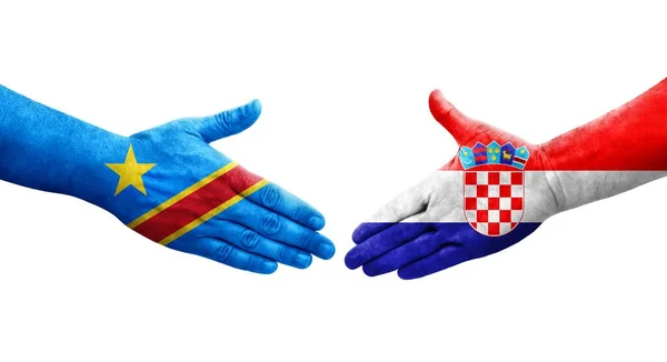 Handslag Mellan Kroatien Och Kongo Flaggor Målade Händer Isolerad Transparent — Stockfoto