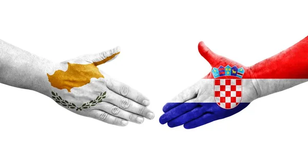 Stretta Mano Tra Croazia Cipro Bandiere Dipinte Mani Isolata Immagine — Foto Stock