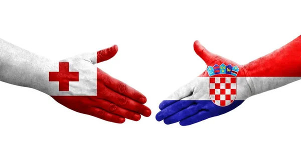 Рукостискання Між Хорватією Прапорами Тонга Намальоване Руках Ізольоване Прозоре Зображення — стокове фото