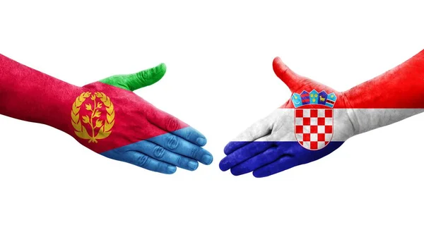 Aperto Mão Entre Croácia Eritreia Bandeiras Pintadas Mãos Imagem Transparente — Fotografia de Stock