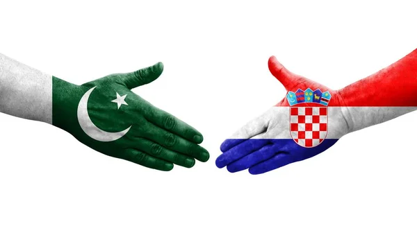 Рукостискання Між Хорватією Пакистанськими Прапорами Намальоване Руках Ізольоване Прозоре Зображення — стокове фото