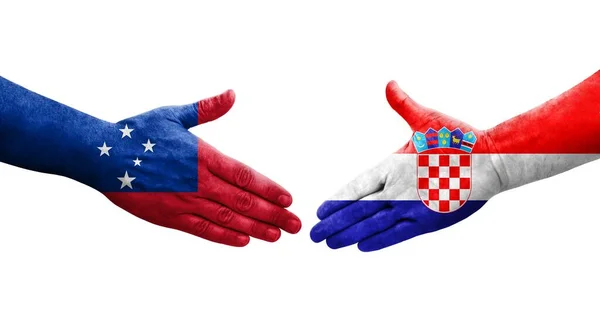 Рукостискання Між Хорватією Самоа Прапори Намальовані Руках Ізольований Прозорий Образ — стокове фото