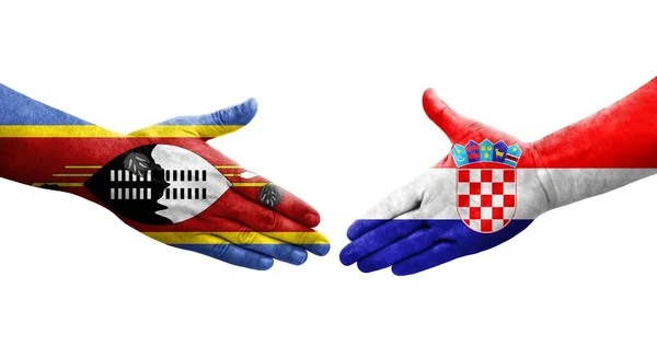 Handslag Mellan Kroatien Och Eswatini Flaggor Målade Händer Isolerad Transparent — Stockfoto