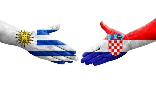 Stretta Mano Tra Croazia Uruguay Bandiere Dipinte Mani Isolata Immagine — Foto Stock
