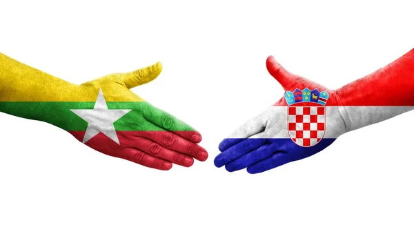 Handslag Mellan Kroatien Och Myanmar Flaggor Målade Händer Isolerad Transparent — Stockfoto