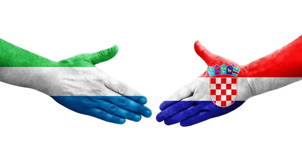 Рукостискання Між Хорватією Прапорами Сьєрра Леоне Намальоване Руках Ізольоване Прозоре — стокове фото