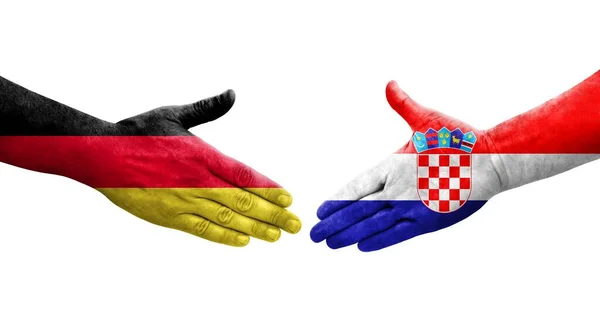 Рукостискання Між Хорватськими Німецькими Прапорами Намальоване Руках Ізольоване Прозоре Зображення — стокове фото