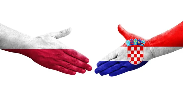 Handslag Mellan Kroatien Och Polen Flaggor Målade Händer Isolerad Transparent — Stockfoto