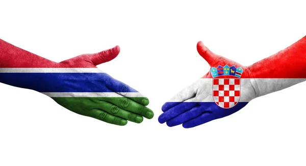 Aperto Mão Entre Croácia Bandeiras Gâmbia Pintadas Mãos Imagem Transparente — Fotografia de Stock