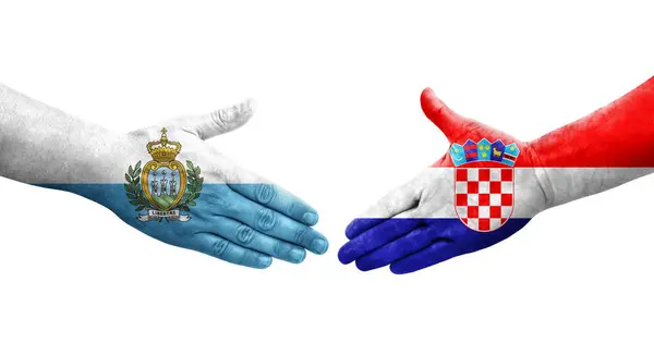Рукостискання Між Хорватією Прапорами Сан Марино Намальоване Руках Ізольоване Прозоре — стокове фото
