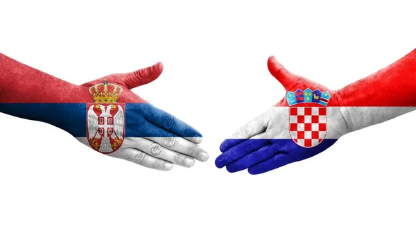 Рукостискання Між Хорватськими Сербськими Прапорами Намальоване Руках Ізольоване Прозоре Зображення — стокове фото