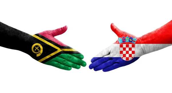 Uścisk Dłoni Między Chorwacją Flagami Vanuatu Namalowanymi Dłoniach Odizolowany Przezroczysty — Zdjęcie stockowe