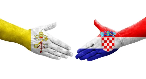 Uścisk Dłoni Między Chorwacją Stolicą Apostolską Malowane Rękach Flagi Odizolowany — Zdjęcie stockowe