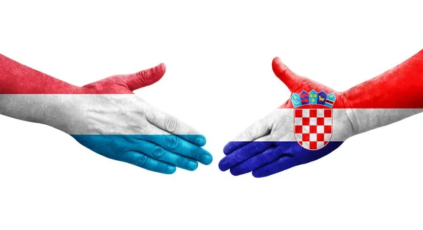 Aperto Mão Entre Croácia Bandeiras Luxemburgo Pintadas Mãos Imagem Transparente — Fotografia de Stock