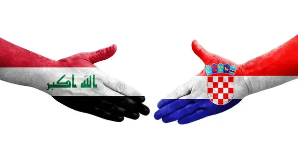 Рукостискання Між Хорватією Іраком Намальоване Руках Ізольоване Прозоре Зображення — стокове фото