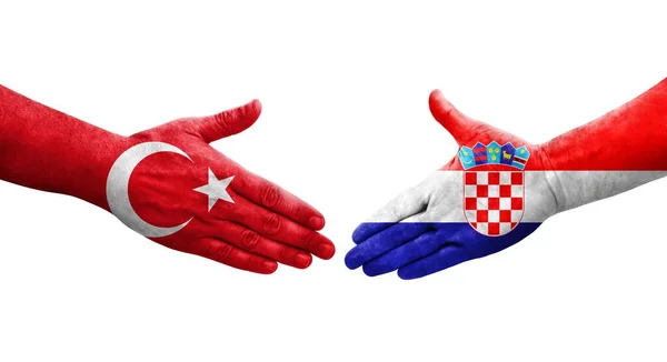 Handshake Entre Croácia Turquia Bandeiras Pintadas Mãos Imagem Transparente Isolada — Fotografia de Stock