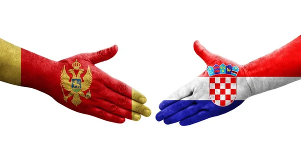Рукостискання Між Хорватськими Чорногорськими Прапорами Намальоване Руках Ізольоване Прозоре Зображення — стокове фото