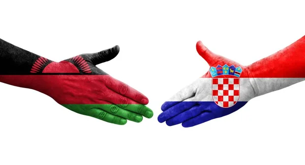 Handslag Mellan Kroatien Och Malawi Flaggor Målade Händer Isolerad Transparent — Stockfoto