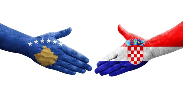 Handslag Mellan Kroatien Och Kosovo Flaggor Målade Händer Isolerad Transparent — Stockfoto