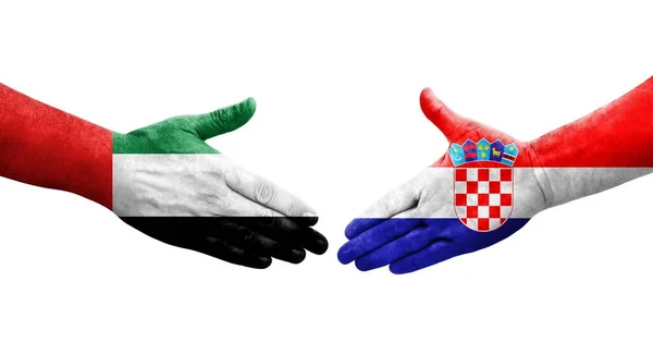 Рукостискання Між Хорватією Оае Прапори Намальовані Руках Ізольоване Прозоре Зображення — стокове фото