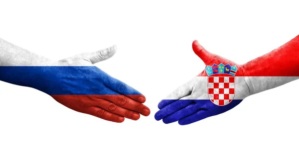 Handslag Mellan Kroatien Och Ryssland Flaggor Målade Händer Isolerad Transparent — Stockfoto