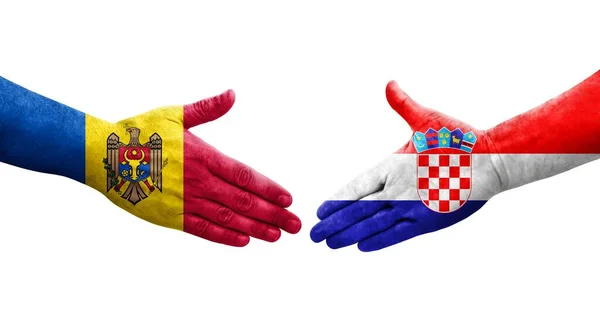 Рукостискання Між Прапорами Хорватії Молдови Намальоване Руках Ізольоване Прозоре Зображення — стокове фото
