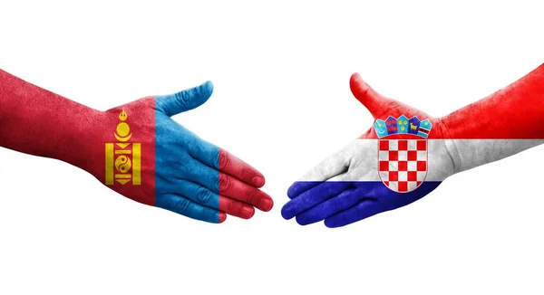Apretón Manos Entre Croacia Mongolia Banderas Pintadas Las Manos Imagen —  Fotos de Stock