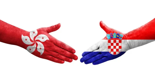 Рукостискання Між Хорватією Гонконгом Прапори Намальовані Руках Ізольований Прозорий Образ — стокове фото