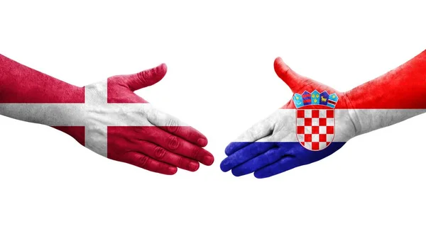 Händedruck Zwischen Kroatien Und Dänemark Fahnen Auf Händen Gemalt Isoliertes — Stockfoto