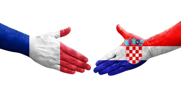 Рукостискання Між Хорватськими Французькими Прапорами Намальоване Руках Ізольоване Прозоре Зображення — стокове фото