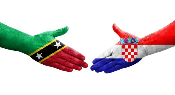 Aperto Mão Entre Croácia São Cristóvão Nevis Bandeiras Pintadas Mãos — Fotografia de Stock