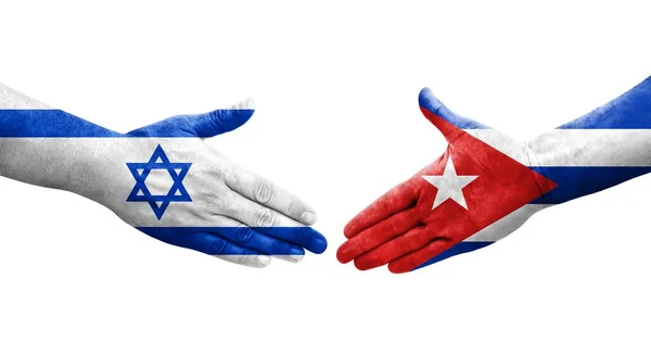Рукостискання Між Кубою Ізраїльськими Прапорами Намальоване Руках Ізольоване Прозоре Зображення — стокове фото