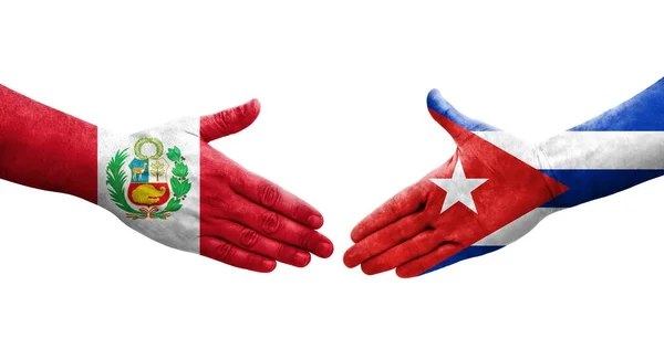 Potřesení Rukou Mezi Vlajkami Kuby Peru Namalovanými Rukou Izolovaný Průhledný — Stock fotografie