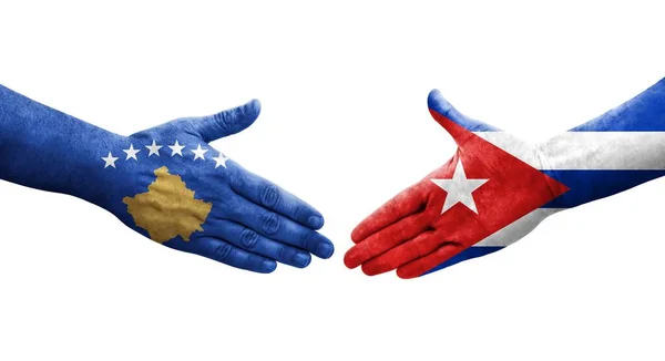 Mano Apretada Entre Cuba Kosovo Banderas Pintadas Las Manos Imagen —  Fotos de Stock